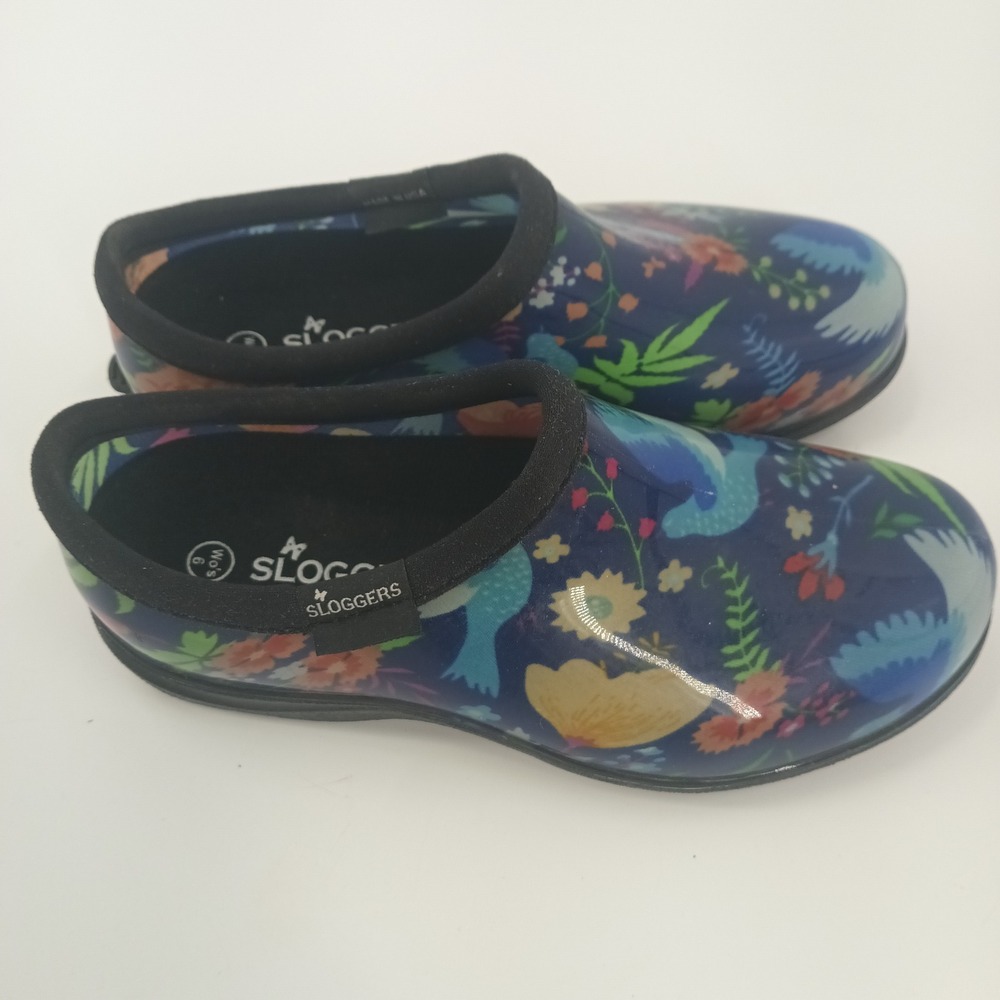 Sloggers Womens 6 Garden Shoes Blue Floral Bird Print Waterproof Clogs Made USA
